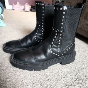 Zara Black Leather Studded Chelsea Combat Boots
